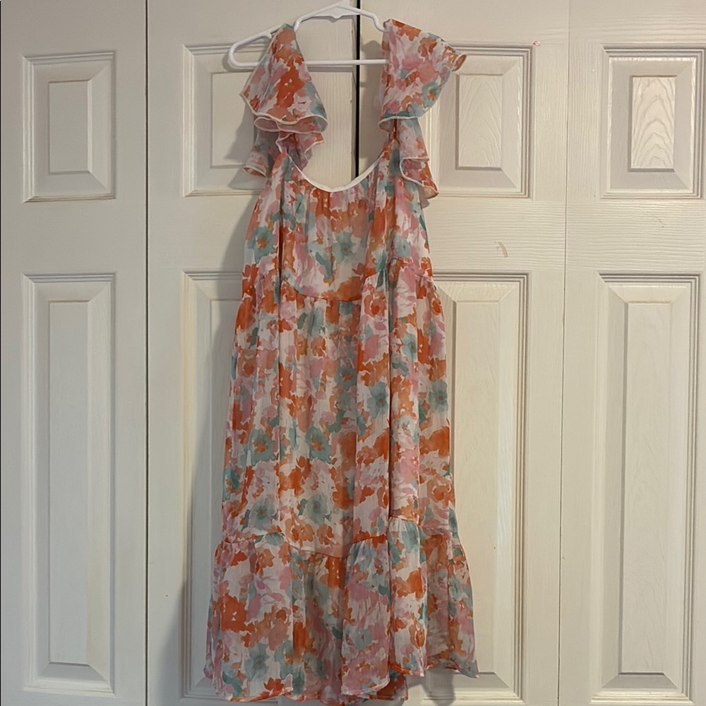 Peach Love California Floral Mini Dress - Pink and Orange